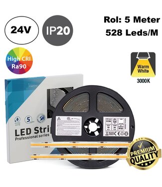 Premium Led Strip ROL 5 Meter COB, CRI90, 10w/m, 528 led/m, 900Lm/m, 3000K Warm wit, 24v, IP20, 10mm, 3 Jaar garantie
